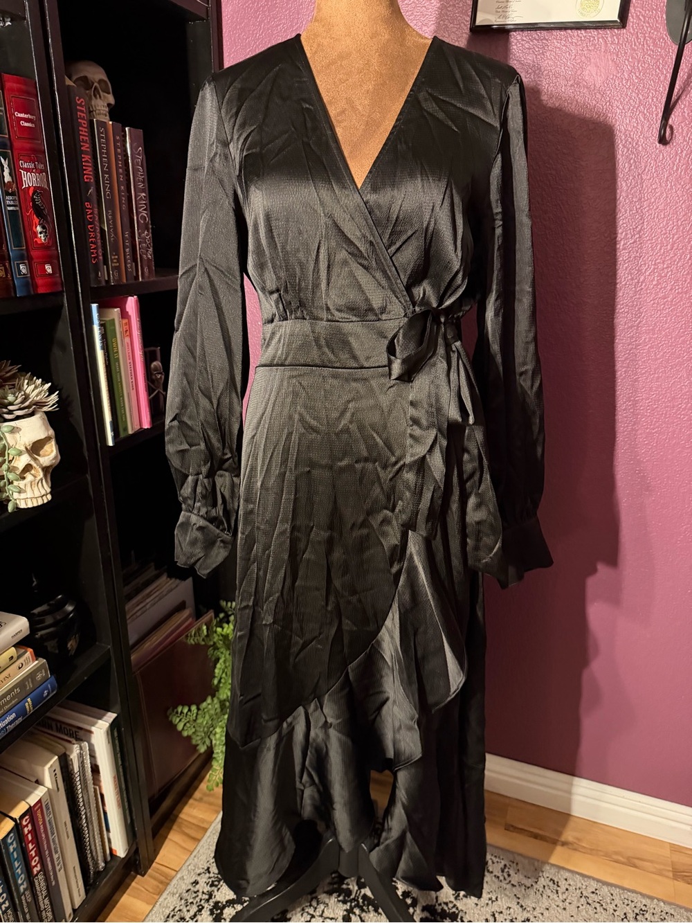 Goth, witchy Black Wrap Dress - Elegant Long Sleeve- ruffles